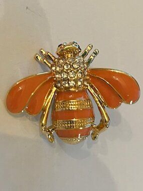 Joan Rivers Bee Brooch Orange Enamel Rhinestone Gold Tone Pin Signed Figural